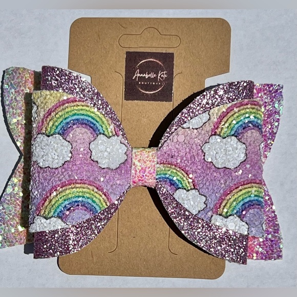Other - Boutique Custom Made Faux Leather Rainbow Print with Pink Glitter Hair Bow